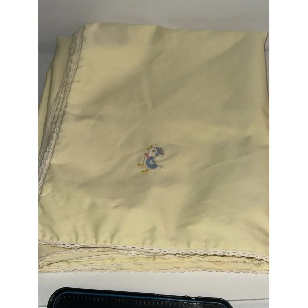 Vintage 1960s 70s Yellow Baby Blanket Embroidered Duck Crochet Lace Trim 43x39